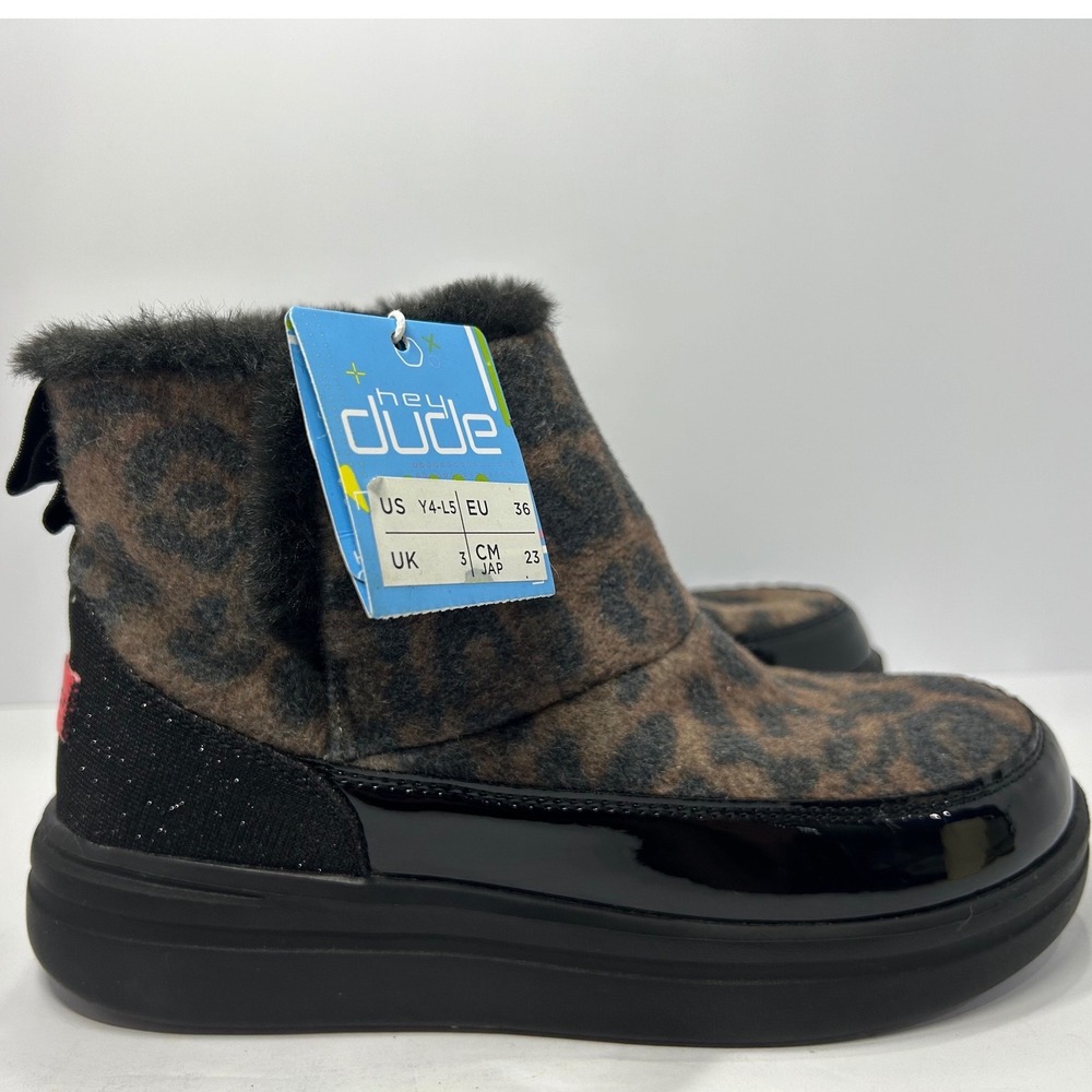 Hey Dude Youth Leopard Black Faux Fur Boots Kids Size 4 Brand New With Tags - Picture 5 of 15
